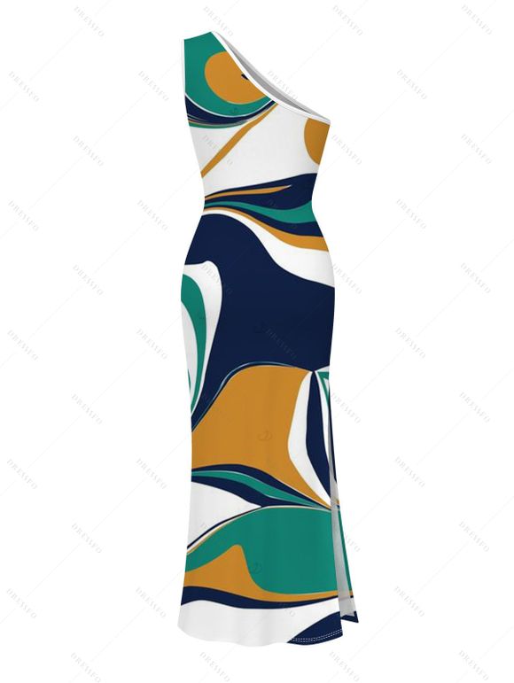 Vintage Vacation Dress Colorblock Abstract Print Ruched One Shoulder Slit Mermaid Bodycon Dress - multicolor A L | US 8-10