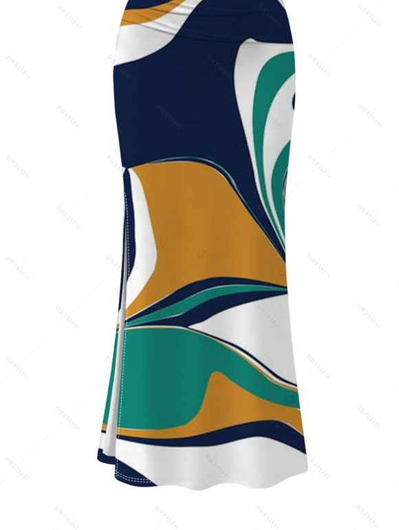 Vintage Vacation Dress Colorblock Abstract Print Ruched One Shoulder Slit Mermaid Bodycon Dress - multicolor A L | US 8-10