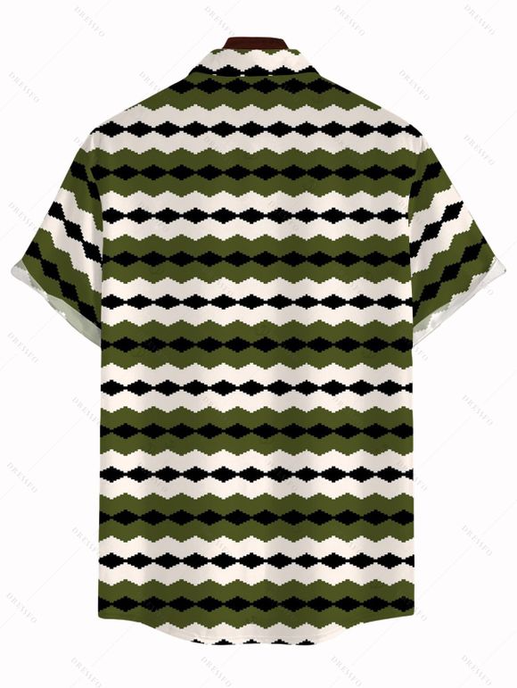 Men's Vintage Shirt Colorblock Geometric Zig Zag Print Button Up Shirt - Vert Armée 5XL