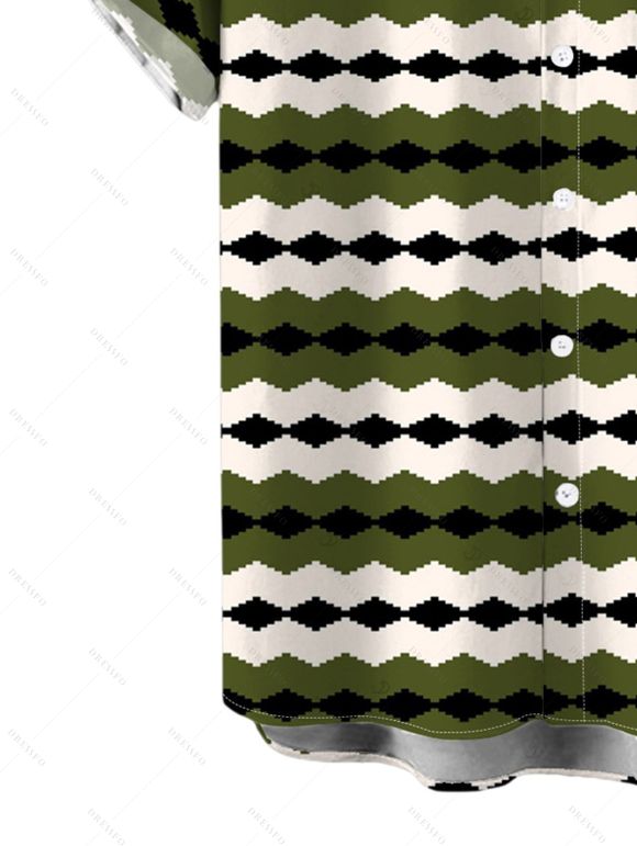Men's Vintage Shirt Colorblock Geometric Zig Zag Print Button Up Shirt - Vert Armée 5XL