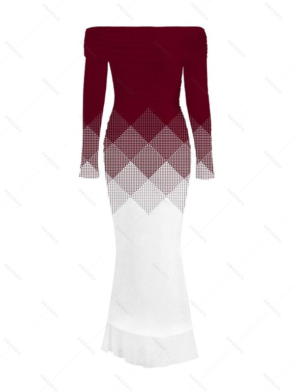 Vacation Party Dress Ombre Argyle Geometric Print Foldover Off the Shoulder Mermaid Bodydon Dress - Rouge Vineux L | US 8-10