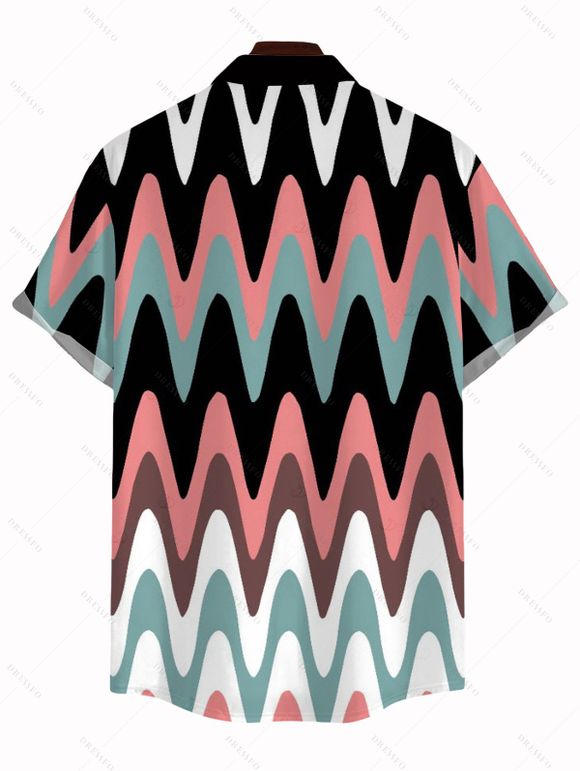 Men's Vintage Vacation Shirt Colorblock Wave Line Print Button Up Shirt - multicolor A L