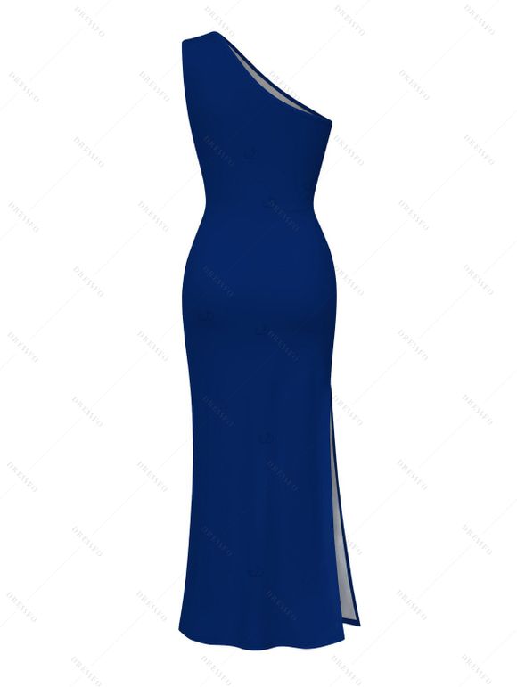 Vacation Party Dress Embroidery‑Style Lily Floral Print Ruched One Shoulder Slit Mermaid Bodycon Dress - Bleu profond L | US 8-10