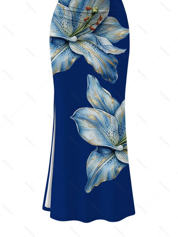 Vacation Party Dress Embroidery‑Style Lily Floral Print Ruched One Shoulder Slit Mermaid Bodycon Dress - Bleu profond L | US 8-10