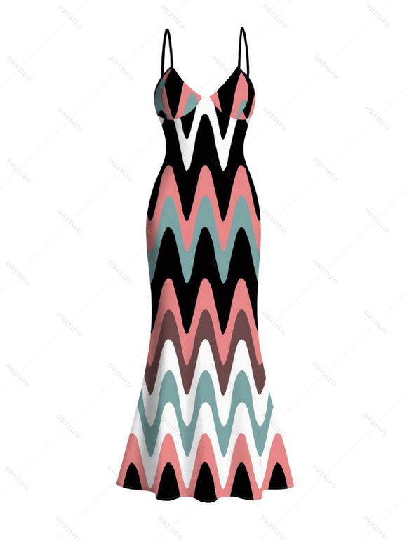 Vintage Vacation Dress Colorblock Wave Line Print Spaghetti Strap Maxi Bodycon Mermaid Dress - multicolor A L | US 8-10