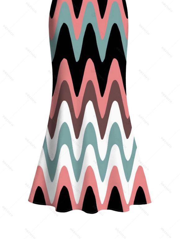 Vintage Vacation Dress Colorblock Wave Line Print Spaghetti Strap Maxi Bodycon Mermaid Dress - multicolor A L | US 8-10