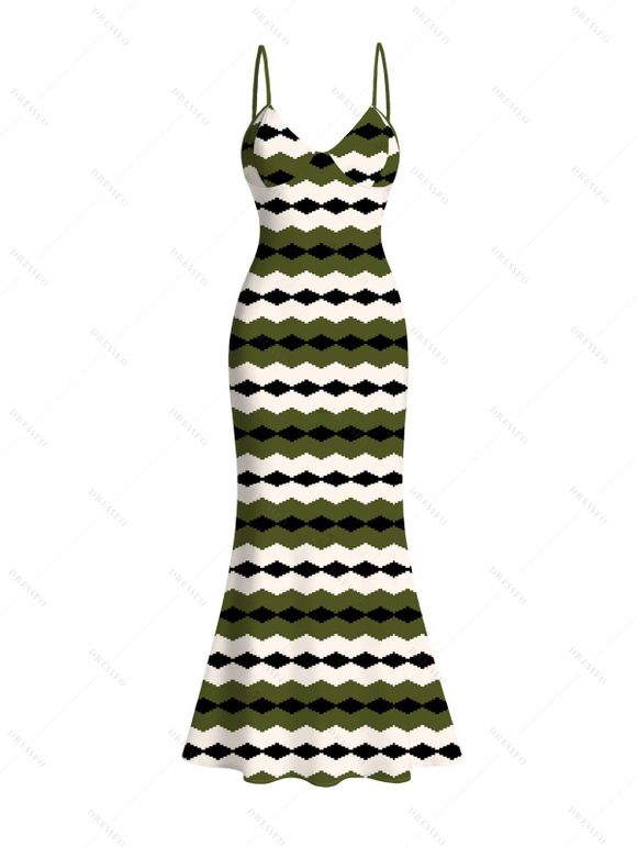 Vintage Dress Colorblock Geometric Zig Zag Print Spaghetti Strap Mermaid Maxi Bodycon Dress - Vert Armée L | US 8-10