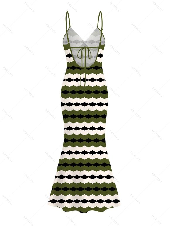Vintage Dress Colorblock Geometric Zig Zag Print Spaghetti Strap Mermaid Maxi Bodycon Dress - Vert Armée L | US 8-10