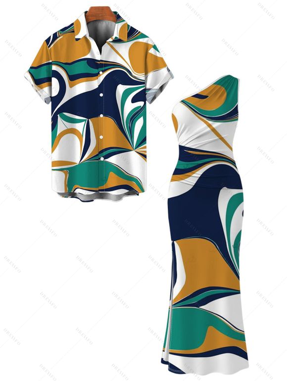 Vintage Vacation Couple Outfit Colorblock Abstract Print Ruched One Shoulder Slit Mermaid Bodycon Dress and Shirt Set - multicolor A S | US 4