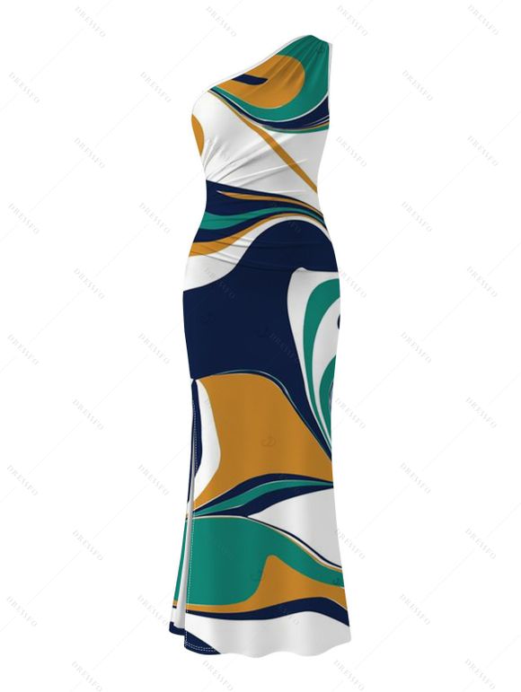 Vintage Vacation Couple Outfit Colorblock Abstract Print Ruched One Shoulder Slit Mermaid Bodycon Dress and Shirt Set - multicolor A S | US 4