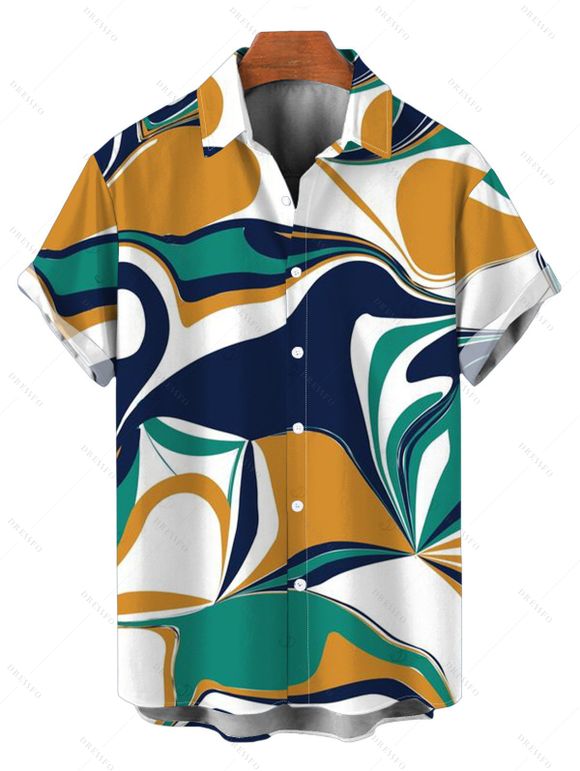 Vintage Vacation Couple Outfit Colorblock Abstract Print Ruched One Shoulder Slit Mermaid Bodycon Dress and Shirt Set - multicolor A S | US 4