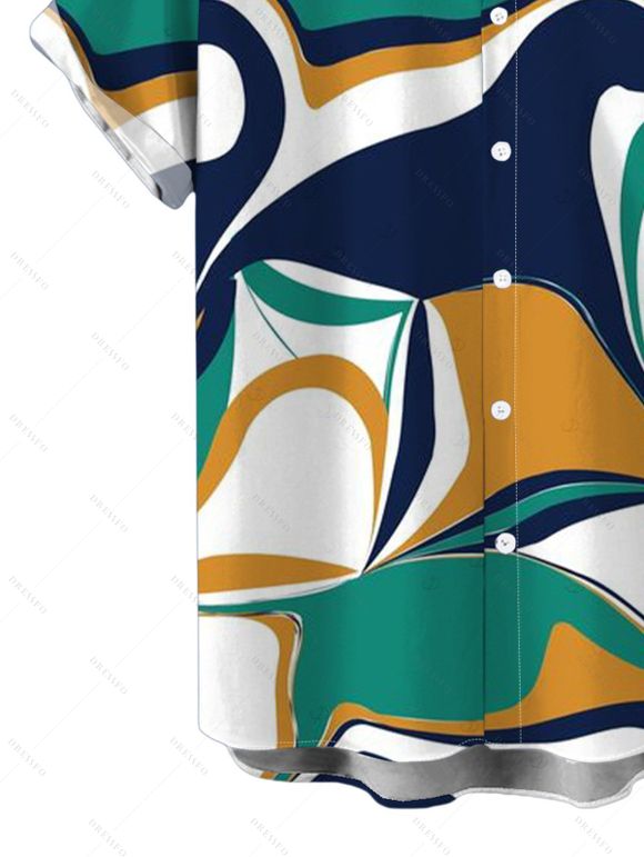 Vintage Vacation Couple Outfit Colorblock Abstract Print Ruched One Shoulder Slit Mermaid Bodycon Dress and Shirt Set - multicolor A S | US 4