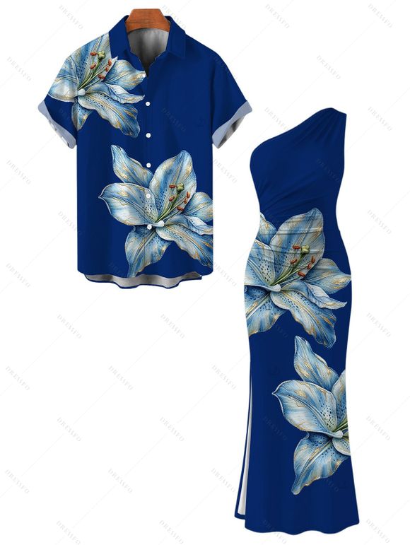 Vacation Couple Outfit Embroidery‑Style Lily Floral Print Ruched One Shoulder Slit Mermaid Bodycon Dress and Shirt Set - Bleu profond S | US 4