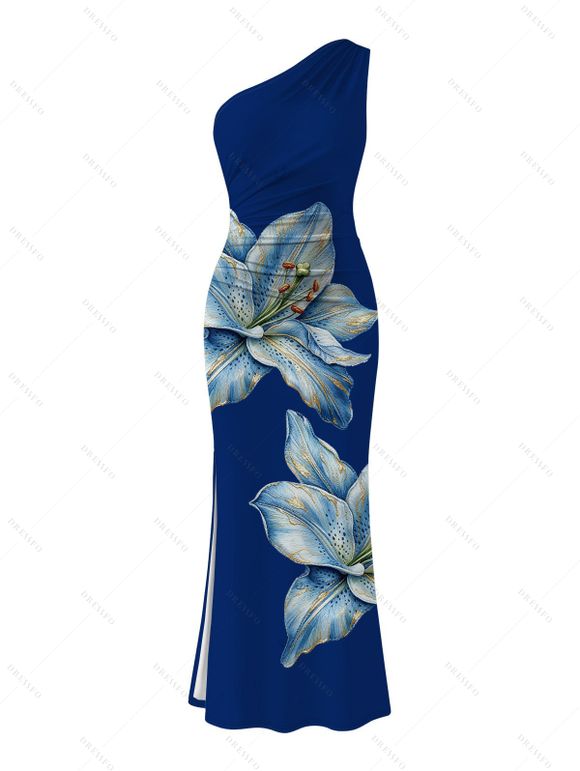 Vacation Couple Outfit Embroidery‑Style Lily Floral Print Ruched One Shoulder Slit Mermaid Bodycon Dress and Shirt Set - Bleu profond S | US 4