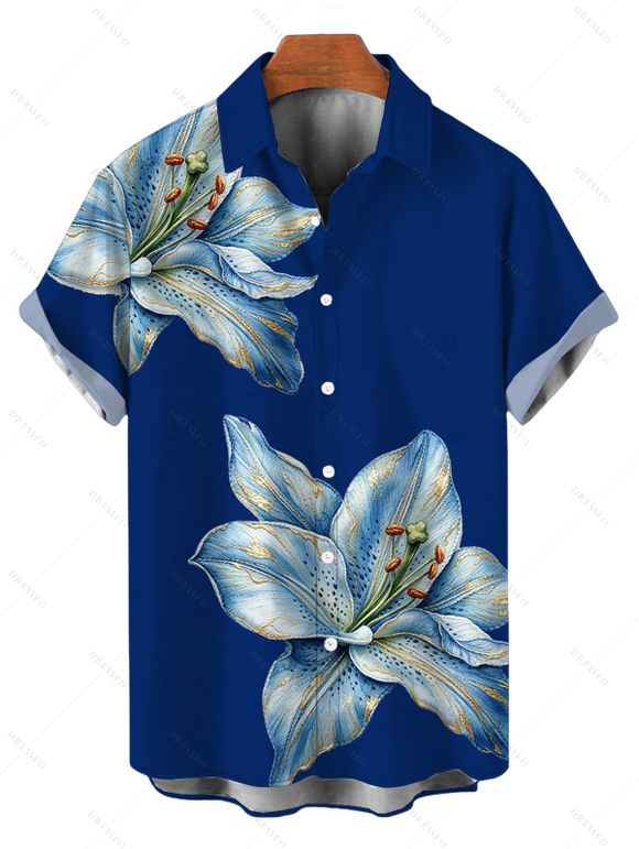 Vacation Couple Outfit Embroidery‑Style Lily Floral Print Ruched One Shoulder Slit Mermaid Bodycon Dress and Shirt Set - Bleu profond S | US 4