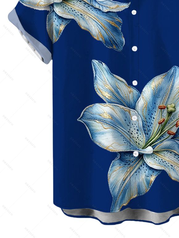 Vacation Couple Outfit Embroidery‑Style Lily Floral Print Ruched One Shoulder Slit Mermaid Bodycon Dress and Shirt Set - Bleu profond S | US 4