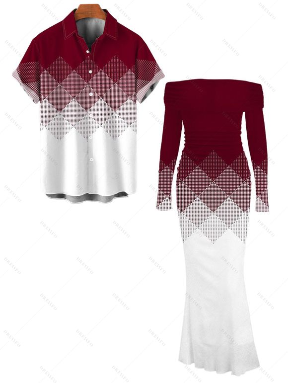 Vacation Couple Outfit Ombre Argyle Geometric Print Foldover Off the Shoulder Mermaid Bodydon Dress and Shirt Set - Rouge Vineux S | US 4