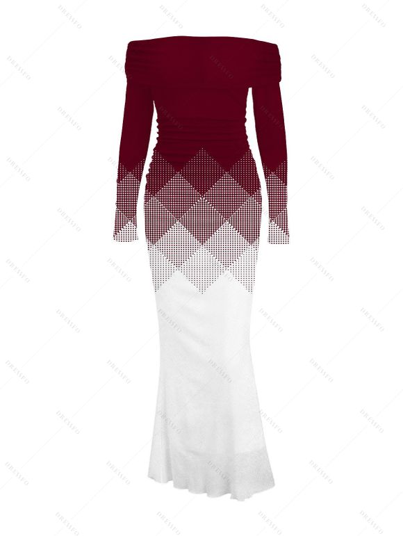 Vacation Couple Outfit Ombre Argyle Geometric Print Foldover Off the Shoulder Mermaid Bodydon Dress and Shirt Set - Rouge Vineux S | US 4