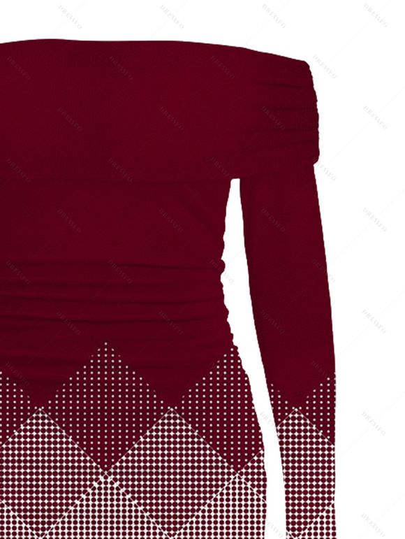 Vacation Couple Outfit Ombre Argyle Geometric Print Foldover Off the Shoulder Mermaid Bodydon Dress and Shirt Set - Rouge Vineux S | US 4