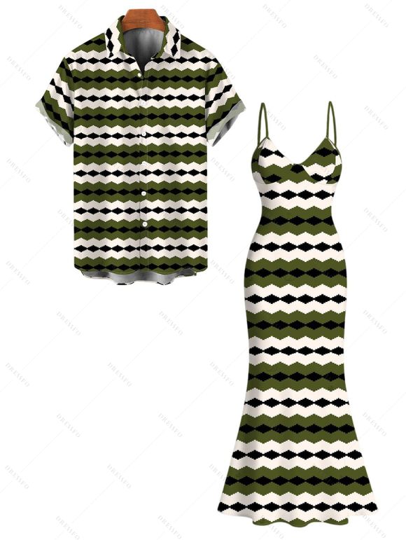 Vintage Couple Outfit Colorblock Geometric Zig Zag Print Spaghetti Strap Mermaid Maxi Bodycon Dress and Shirt Set - Vert Armée S | US 4