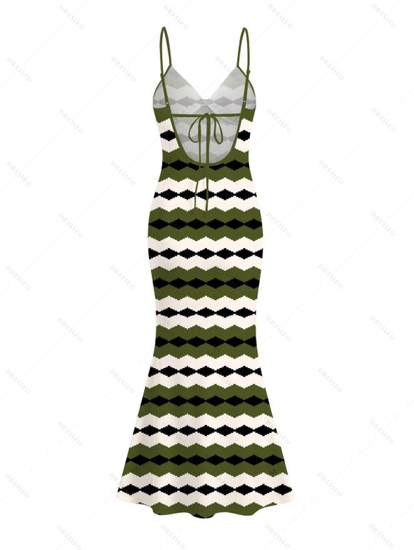 Vintage Couple Outfit Colorblock Geometric Zig Zag Print Spaghetti Strap Mermaid Maxi Bodycon Dress and Shirt Set - Vert Armée S | US 4