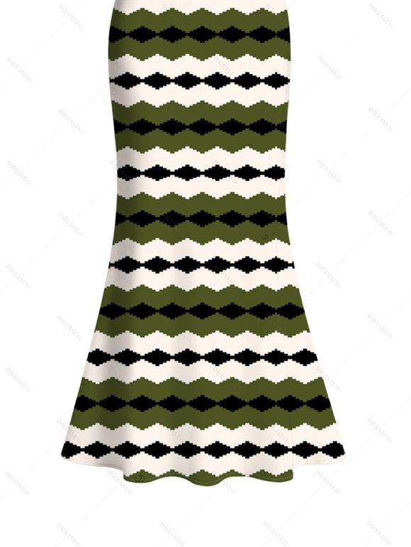 Vintage Couple Outfit Colorblock Geometric Zig Zag Print Spaghetti Strap Mermaid Maxi Bodycon Dress and Shirt Set - Vert Armée S | US 4