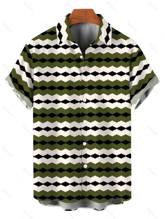 Vintage Couple Outfit Colorblock Geometric Zig Zag Print Spaghetti Strap Mermaid Maxi Bodycon Dress and Shirt Set - Vert Armée S | US 4