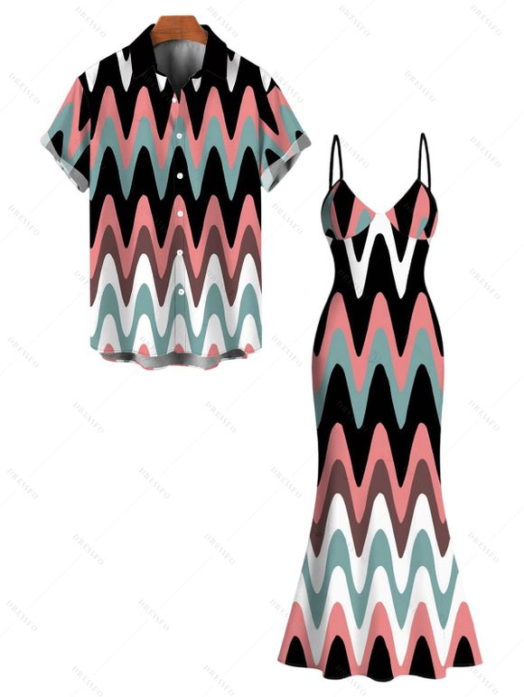 Vintage Vacation Couple Outfit Colorblock Wave Line Print Spaghetti Strap Maxi Bodycon Mermaid Dress and Shirt Set - multicolor A S | US 4