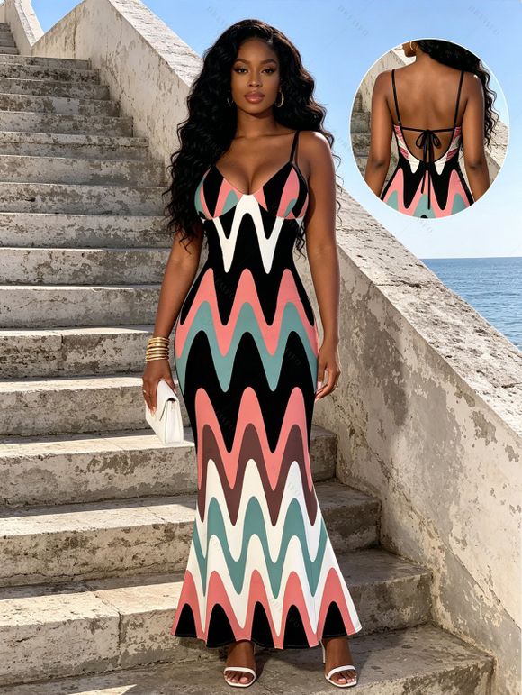 Vintage Vacation Couple Outfit Colorblock Wave Line Print Spaghetti Strap Maxi Bodycon Mermaid Dress and Shirt Set - multicolor A S | US 4