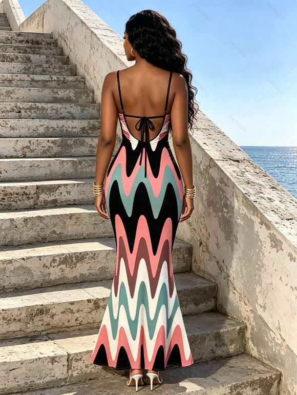 Vintage Vacation Couple Outfit Colorblock Wave Line Print Spaghetti Strap Maxi Bodycon Mermaid Dress and Shirt Set - multicolor A S | US 4