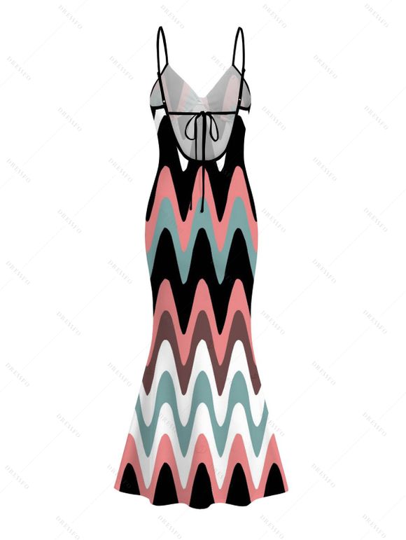 Vintage Vacation Couple Outfit Colorblock Wave Line Print Spaghetti Strap Maxi Bodycon Mermaid Dress and Shirt Set - multicolor A S | US 4