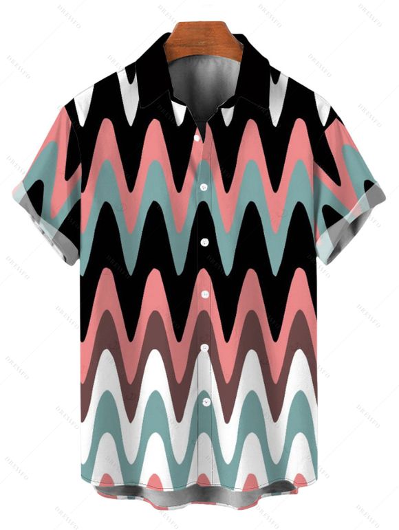 Vintage Vacation Couple Outfit Colorblock Wave Line Print Spaghetti Strap Maxi Bodycon Mermaid Dress and Shirt Set - multicolor A S | US 4