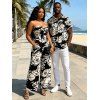 Vacation Couple Outfit Monochrome Hand Drawn Rose Floral Print Bowknot Pocket Off the Shoulder Jumpsuit and Shirt Set - Noir S | US 4