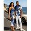 Vacation Couple Outfit Ink Wash Ombre Butterfly Floral Print Spaghetti Strap Maxi Bodycon Dress and Shirt Set - Bleu profond S | US 4