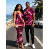 Vacation Couple Outfit Colorblock Fluid Swirl Print Spaghetti Strap Maxi Bodycon Dress and Shirt Set - Rouge Rose S | US 4