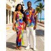 Vintage Vacation Couple Outfit Colorblock Oil Painting Tie Dye Print Spaghetti Strap Maxi Bodycon Dress and Shirt Set - multicolor A S | US 4