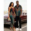 Vacation Couple Outfit Vintage Ombre Zig Zag Print Spaghetti Strap Maxi Bodycon Dress and Shirt Set - Noir S | US 4