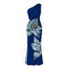 Vacation Party Dress Embroidery‑Style Lily Floral Print Ruched One Shoulder Slit Mermaid Bodycon Dress - Bleu profond L | US 8-10