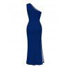 Vacation Party Dress Embroidery‑Style Lily Floral Print Ruched One Shoulder Slit Mermaid Bodycon Dress - Bleu profond L | US 8-10