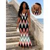 Vintage Vacation Dress Colorblock Wave Line Print Spaghetti Strap Maxi Bodycon Mermaid Dress - multicolor A L | US 8-10
