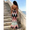 Vintage Vacation Couple Outfit Colorblock Wave Line Print Spaghetti Strap Maxi Bodycon Mermaid Dress and Shirt Set - multicolor A S | US 4