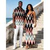 Vintage Vacation Couple Outfit Colorblock Wave Line Print Spaghetti Strap Maxi Bodycon Mermaid Dress and Shirt Set - multicolor A S | US 4