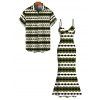 Vintage Couple Outfit Colorblock Geometric Zig Zag Print Spaghetti Strap Mermaid Maxi Bodycon Dress and Shirt Set - Vert Armée S | US 4