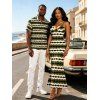 Vintage Couple Outfit Colorblock Geometric Zig Zag Print Spaghetti Strap Mermaid Maxi Bodycon Dress and Shirt Set - Vert Armée S | US 4