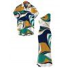 Vintage Vacation Couple Outfit Colorblock Abstract Print Ruched One Shoulder Slit Mermaid Bodycon Dress and Shirt Set - multicolor A S | US 4