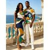 Vintage Vacation Couple Outfit Colorblock Abstract Print Ruched One Shoulder Slit Mermaid Bodycon Dress and Shirt Set - multicolor A S | US 4