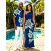 Vacation Couple Outfit Embroidery‑Style Lily Floral Print Ruched One Shoulder Slit Mermaid Bodycon Dress and Shirt Set - Bleu profond S | US 4