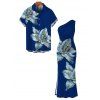 Vacation Couple Outfit Embroidery‑Style Lily Floral Print Ruched One Shoulder Slit Mermaid Bodycon Dress and Shirt Set - Bleu profond S | US 4