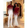 Vacation Couple Outfit Ombre Argyle Geometric Print Foldover Off the Shoulder Mermaid Bodydon Dress and Shirt Set - Rouge Vineux S | US 4