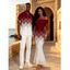 Vacation Couple Outfit Ombre Argyle Geometric Print Foldover Off the Shoulder Mermaid Bodydon Dress and Shirt Set - Rouge Vineux S | US 4